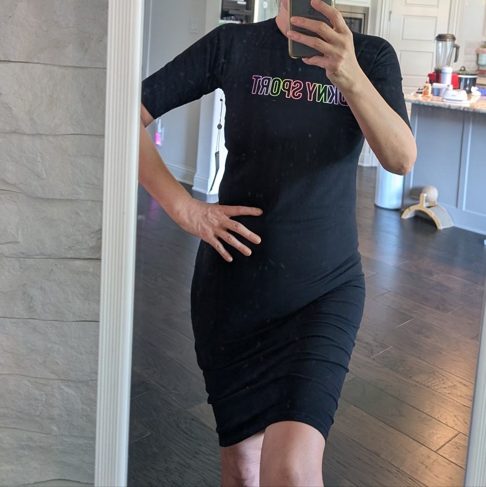 DKNY Black Midi Bodycon Dress with Colorful Lettering